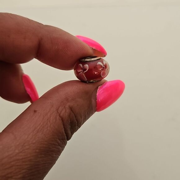 Murano Glass Bead Flower Charm Stamped 925 Burgandy/ White - Picture 5 of 16